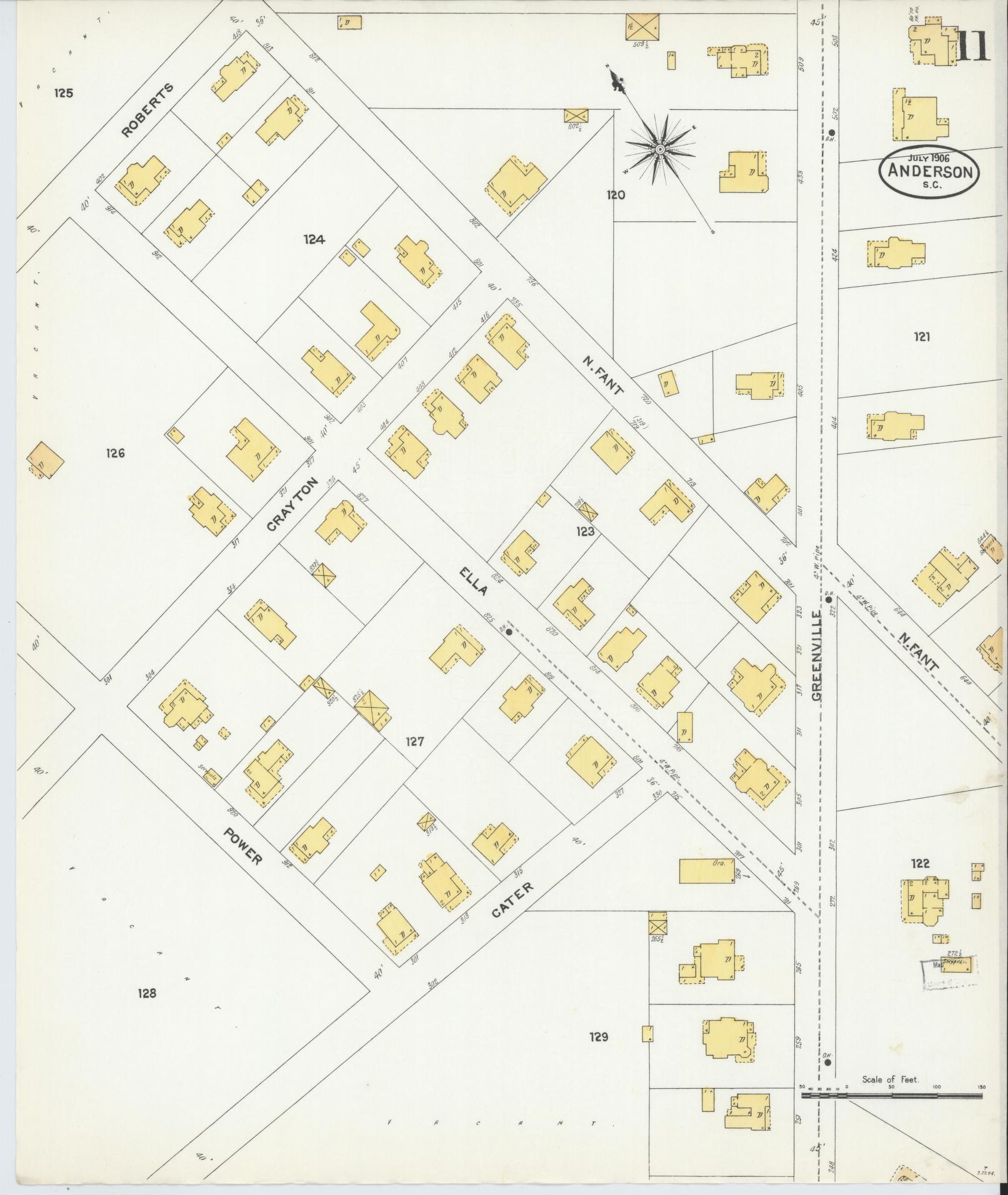 Sanborn Fire Insurance Map from Anderson, Anderson County, South Carolina (1906), Sheet #0011 - Complete Map Set gallery image, historic Sanborn map, vintage wall art, South Carolina South Carolina
