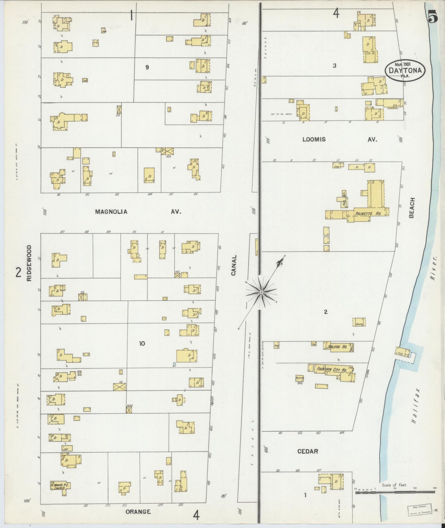 Sanborn Fire Insurance Map from Daytona, Volusia County, Florida (1901), Sheet #0005 - Historic Sanborn Fire Insurance Map Print, vintage old map wall art, antique decor, genealogy gift, Florida Florida map