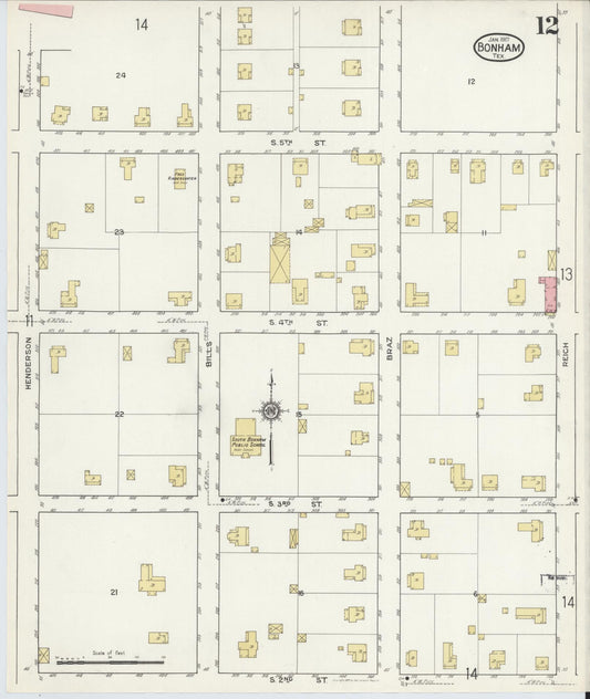 Sanborn Fire Insurance Map from Bonham, Fannin County, Texas (1917), Sheet #0012 - Historic Sanborn Fire Insurance Map Print, vintage old map wall art, antique decor, genealogy gift, Texas Texas map