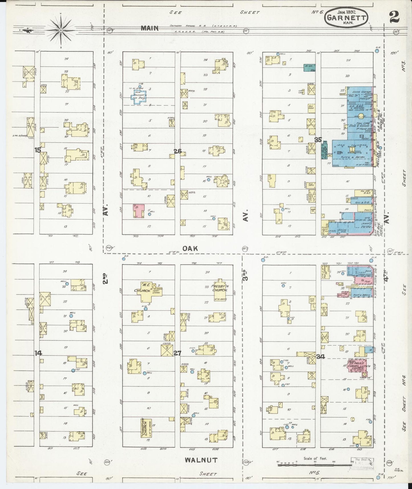 Sanborn Fire Insurance Map from Garnett, Anderson County, Kansas (1892), Sheet #0002 - Complete Map Set gallery image, historic Sanborn map, vintage wall art, Kansas Kansas