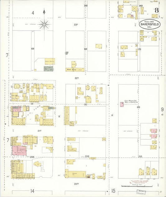 Sanborn Fire Insurance Map from Bakersfield, Kern County, California (1905), Sheet #0008 - Historic Sanborn Fire Insurance Map Print, vintage old map wall art, antique decor, genealogy gift, California California map