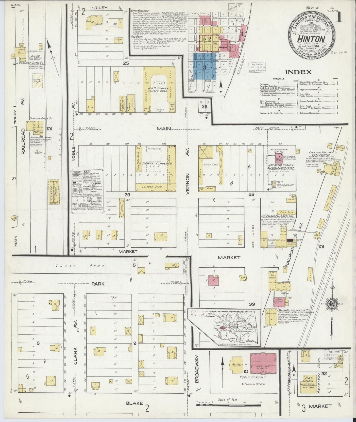 Sanborn Fire Insurance Map from Hinton, Caddo County, Oklahoma (1916), Sheet #0001 - Complete Map Set gallery image, historic Sanborn map, vintage wall art, Oklahoma Oklahoma