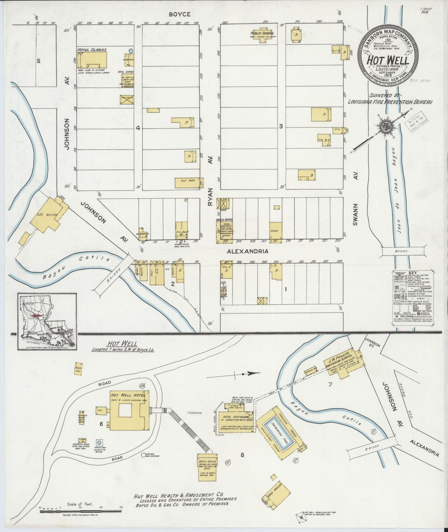 Sanborn Fire Insurance Map from Hot Wells, Rapides Parish, Louisiana (1919), Sheet #0001 - Historic Sanborn Fire Insurance Map Print, vintage old map wall art, antique decor, genealogy gift, Louisiana Louisiana map