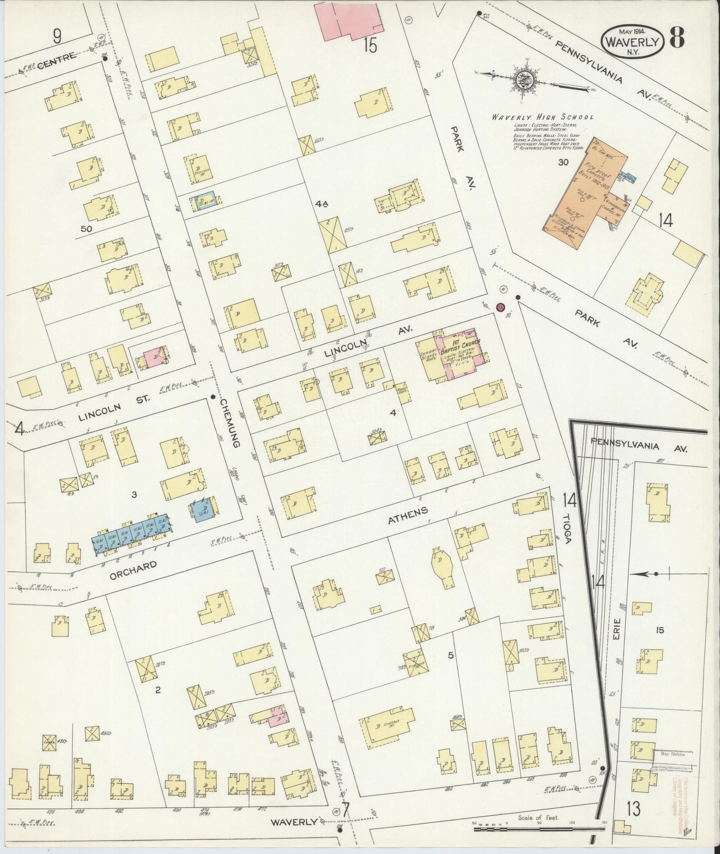 Sanborn Fire Insurance Map from Waverly, Tioga County, New York (1914), Sheet #0008 - Historic Sanborn Fire Insurance Map Print, vintage old map wall art, antique decor, genealogy gift, New York New York map