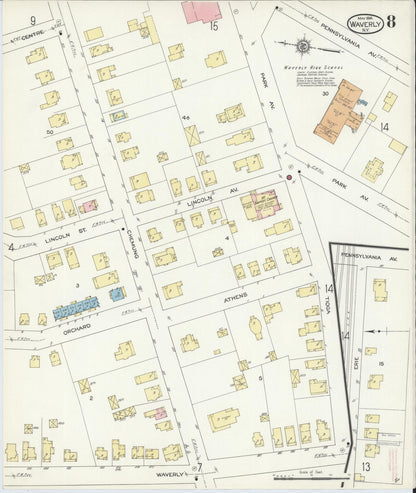Sanborn Fire Insurance Map from Waverly, Tioga County, New York (1914), Sheet #0008 - Historic Sanborn Fire Insurance Map Print, vintage old map wall art, antique decor, genealogy gift, New York New York map