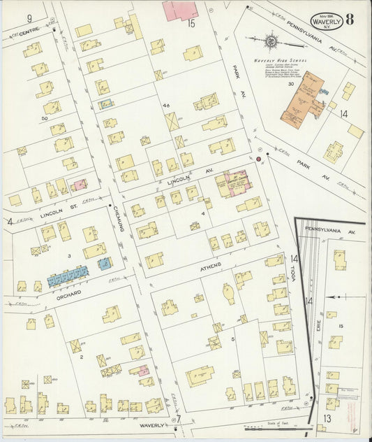 Sanborn Fire Insurance Map from Waverly, Tioga County, New York (1914), Sheet #0008 - Historic Sanborn Fire Insurance Map Print, vintage old map wall art, antique decor, genealogy gift, New York New York map