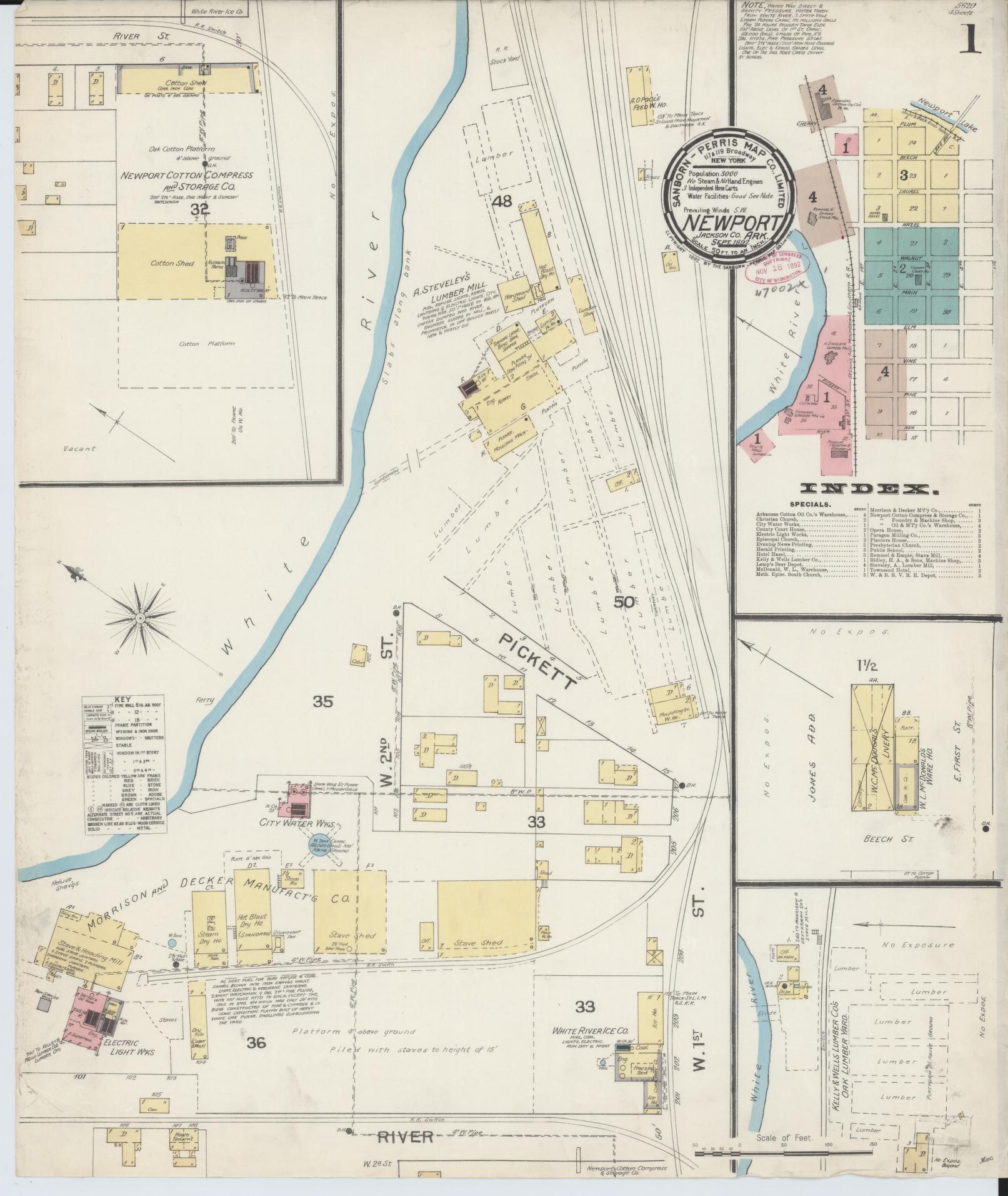Sanborn Fire Insurance Map from Newport, Jackson County, Arkansas (1892), Sheet #0001 - Historic Sanborn Fire Insurance Map Print, vintage old map wall art, antique decor, genealogy gift, Arkansas Arkansas map