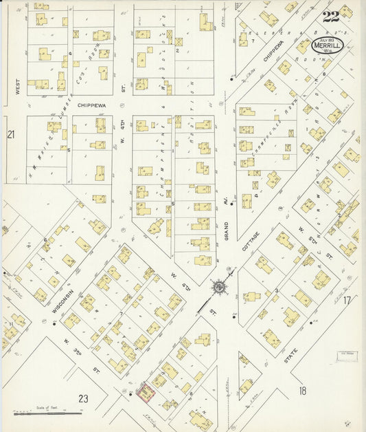 Sanborn Fire Insurance Map from Merrill, Lincoln County, Wisconsin (1913), Sheet #0022 - Historic Sanborn Fire Insurance Map Print, vintage old map wall art, antique decor, genealogy gift, Wisconsin Wisconsin map