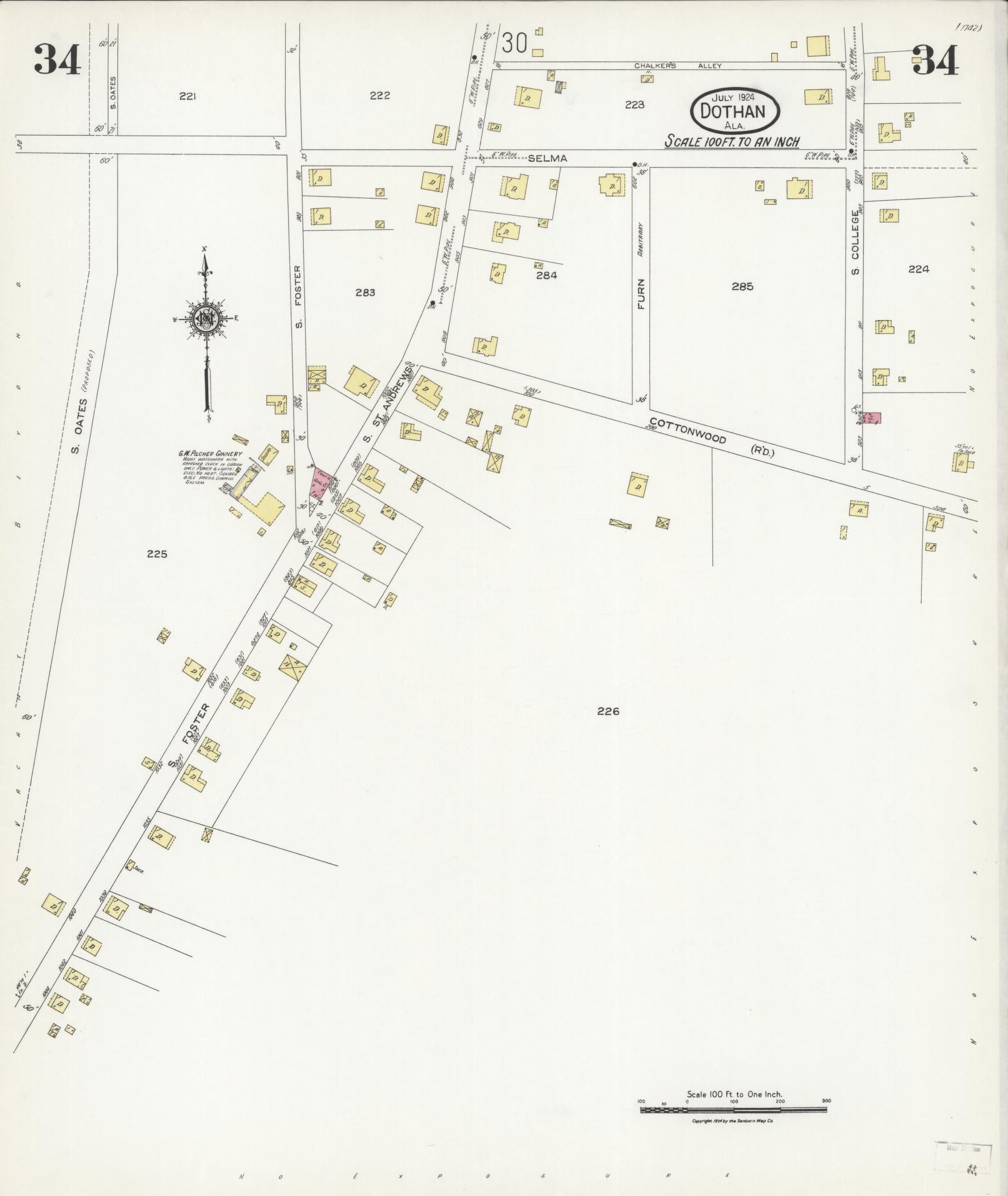 Sanborn Fire Insurance Map from Dothan, Houston County, Alabama (1924), Sheet #0034 - Historic Sanborn Fire Insurance Map Print, vintage old map wall art, antique decor, genealogy gift, Alabama Alabama map