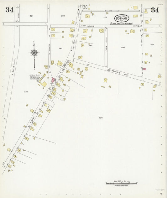 Sanborn Fire Insurance Map from Dothan, Houston County, Alabama (1924), Sheet #0034 - Historic Sanborn Fire Insurance Map Print, vintage old map wall art, antique decor, genealogy gift, Alabama Alabama map