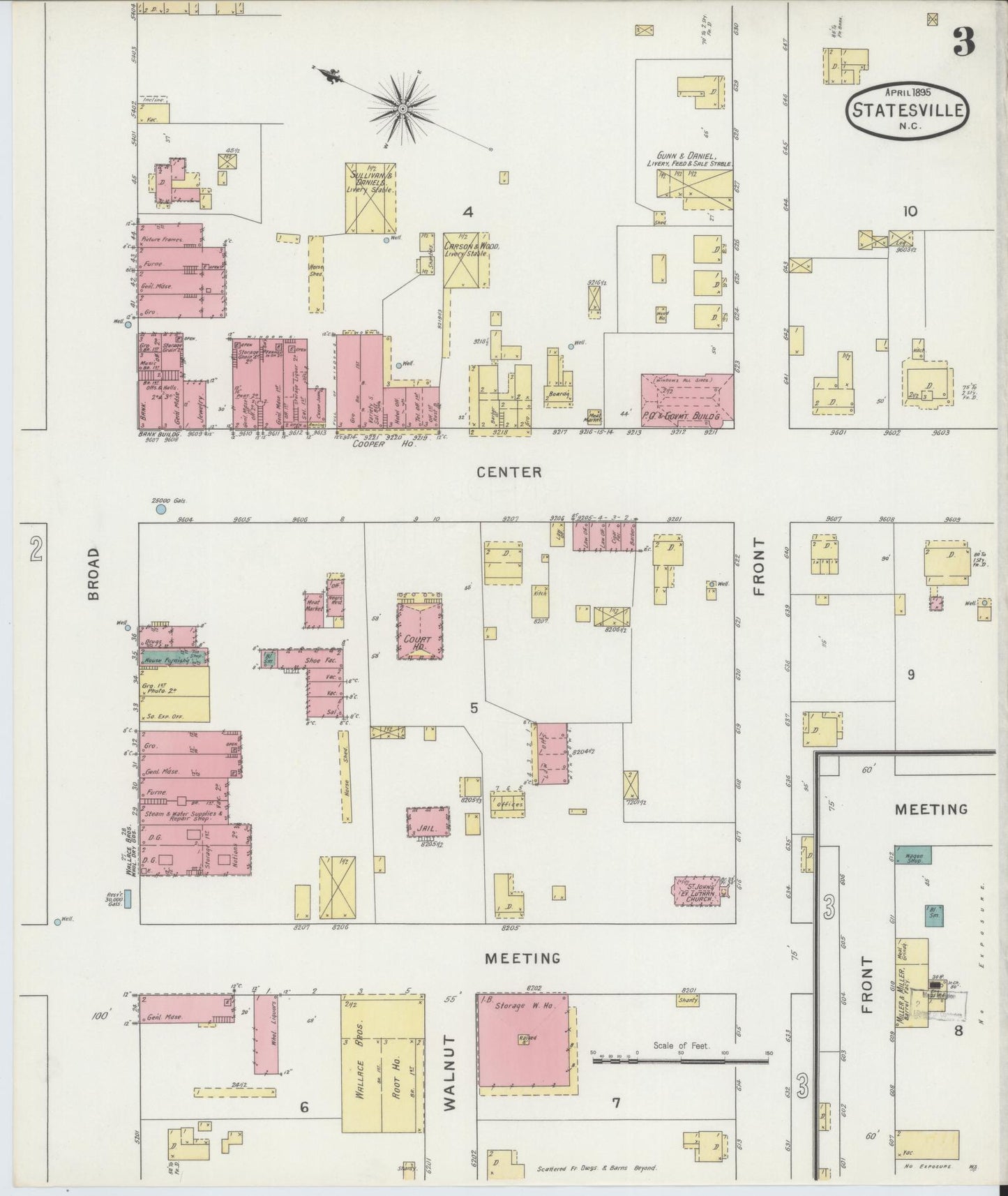 Sanborn Fire Insurance Map from Statesville, Iredell County, North Carolina (1895), Sheet #0003 - Historic Sanborn Fire Insurance Map Print, vintage old map wall art, antique decor, genealogy gift, North Carolina North Carolina map