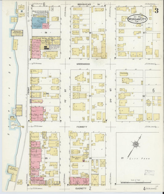 Sanborn Fire Insurance Map from Morgan City, Saint Mary Parish, Louisiana (1912), Sheet #0003 - Historic Sanborn Fire Insurance Map Print, vintage old map wall art, antique decor, genealogy gift, Louisiana Louisiana map