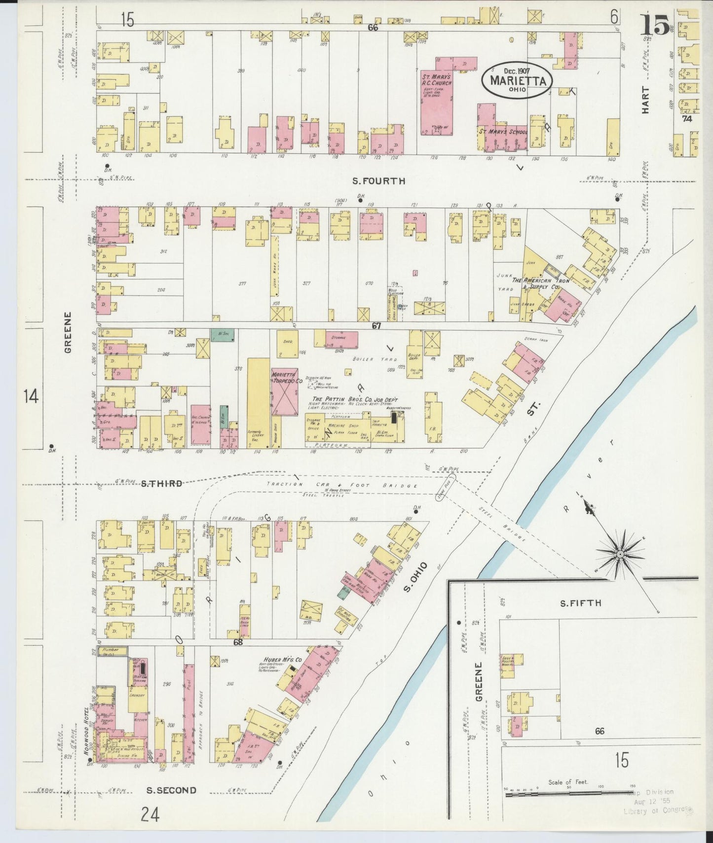 Sanborn Fire Insurance Map from Marietta, Washington County, Ohio (1907), Sheet #0015 - Historic Sanborn Fire Insurance Map Print, vintage old map wall art, antique decor, genealogy gift, Ohio Ohio map