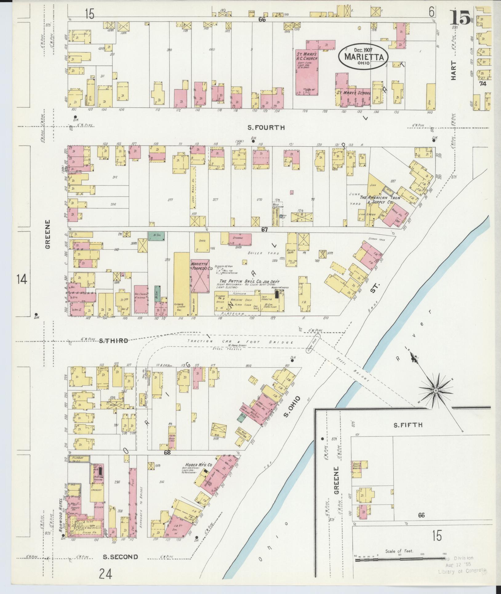 Sanborn Fire Insurance Map from Marietta, Washington County, Ohio (1907), Sheet #0015 - Historic Sanborn Fire Insurance Map Print, vintage old map wall art, antique decor, genealogy gift, Ohio Ohio map