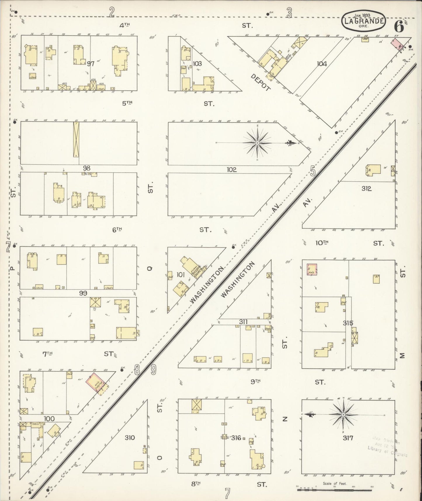Sanborn Fire Insurance Map from La Grande, Union County, Oregon (1893), Sheet #0006 - Complete Map Set gallery image, historic Sanborn map, vintage wall art, Oregon Oregon
