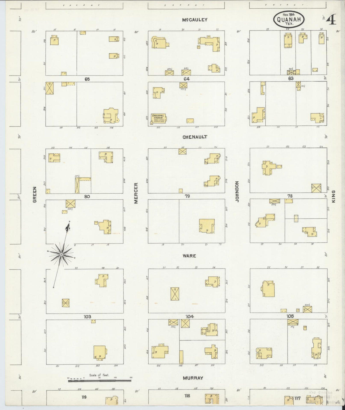 Sanborn Fire Insurance Map from Quanah, Hardeman County, Texas (1904), Sheet #0004 - Complete Map Set gallery image, historic Sanborn map, vintage wall art, Texas Texas