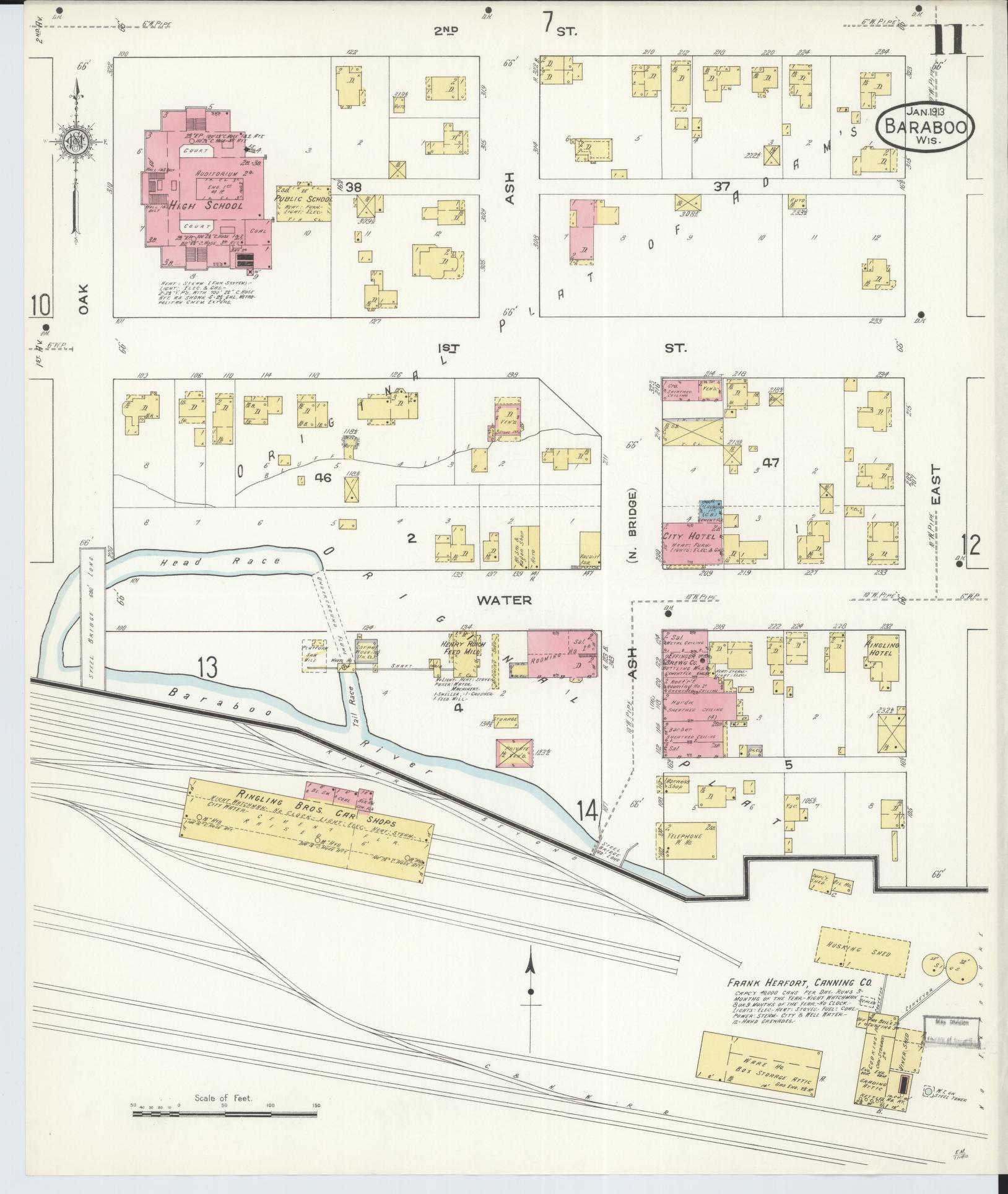 Sanborn Fire Insurance Map from Baraboo, Sauk County, Wisconsin (1913), Sheet #0011 - Historic Sanborn Fire Insurance Map Print, vintage old map wall art, antique decor, genealogy gift, Wisconsin Wisconsin map