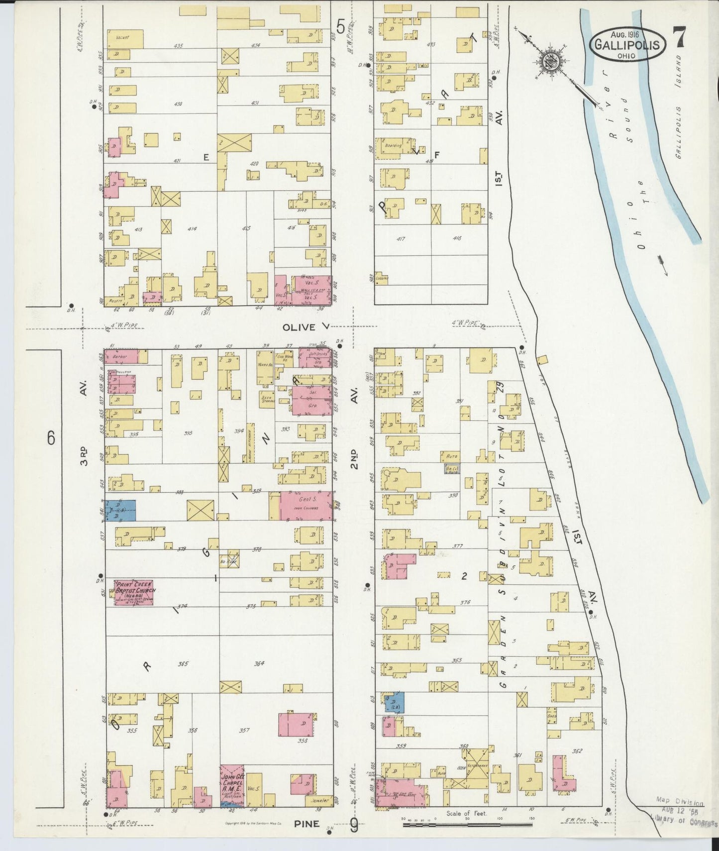 Sanborn Fire Insurance Map from Gallipolis, Gallia County, Ohio (1916), Sheet #0007 - Complete Map Set gallery image, historic Sanborn map, vintage wall art, Ohio Ohio