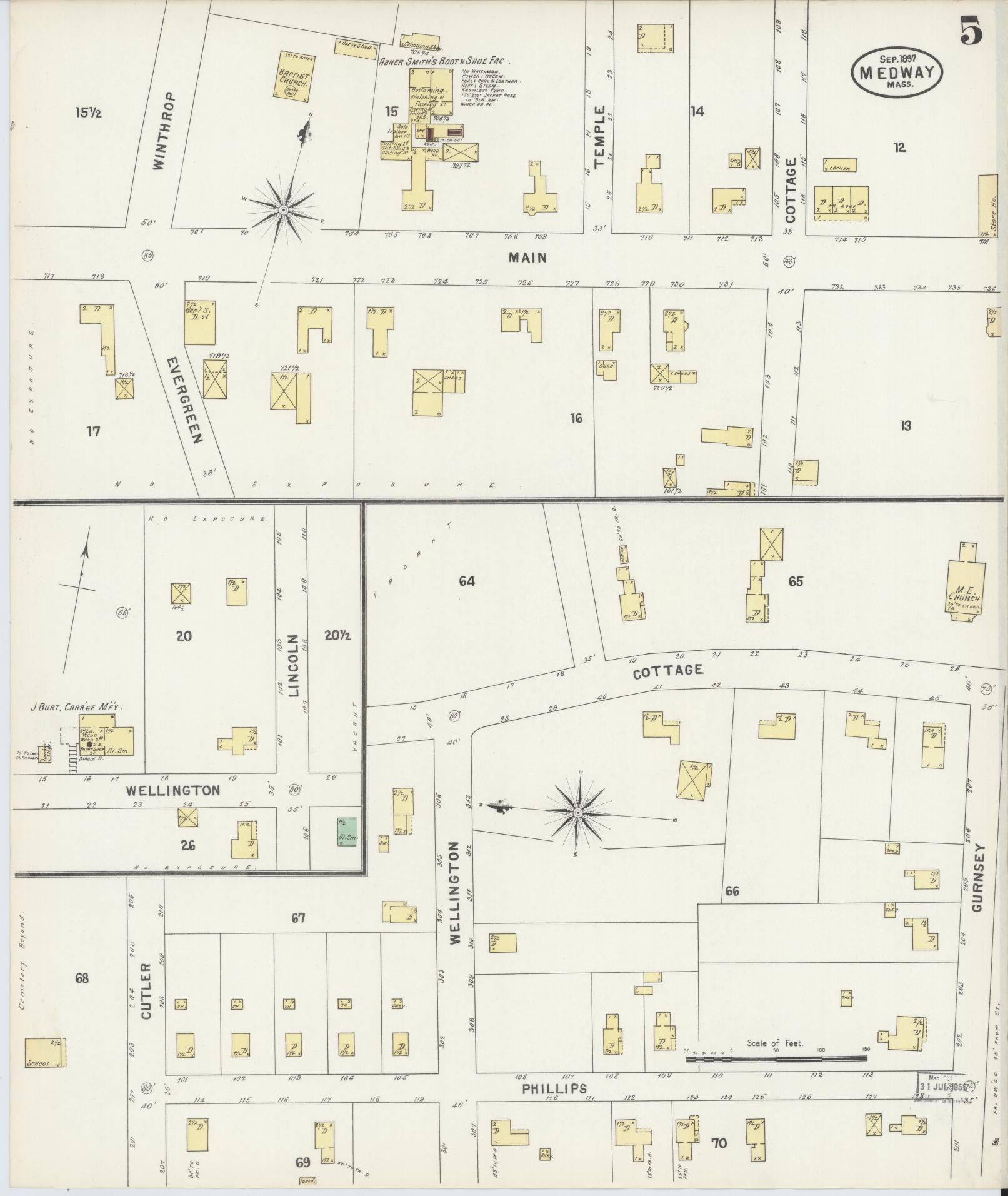 Sanborn Fire Insurance Map from Medway, Norfolk County, Massachusetts (1897), Sheet #0005 - Historic Sanborn Fire Insurance Map Print, vintage old map wall art, antique decor, genealogy gift, Massachusetts Massachusetts map