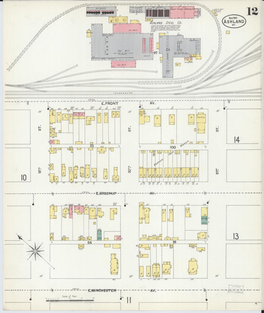 Sanborn Fire Insurance Map from Ashland, Boyd County, Kentucky (1901), Sheet #0012 - Historic Sanborn Fire Insurance Map Print, vintage old map wall art, antique decor, genealogy gift, Kentucky Kentucky map