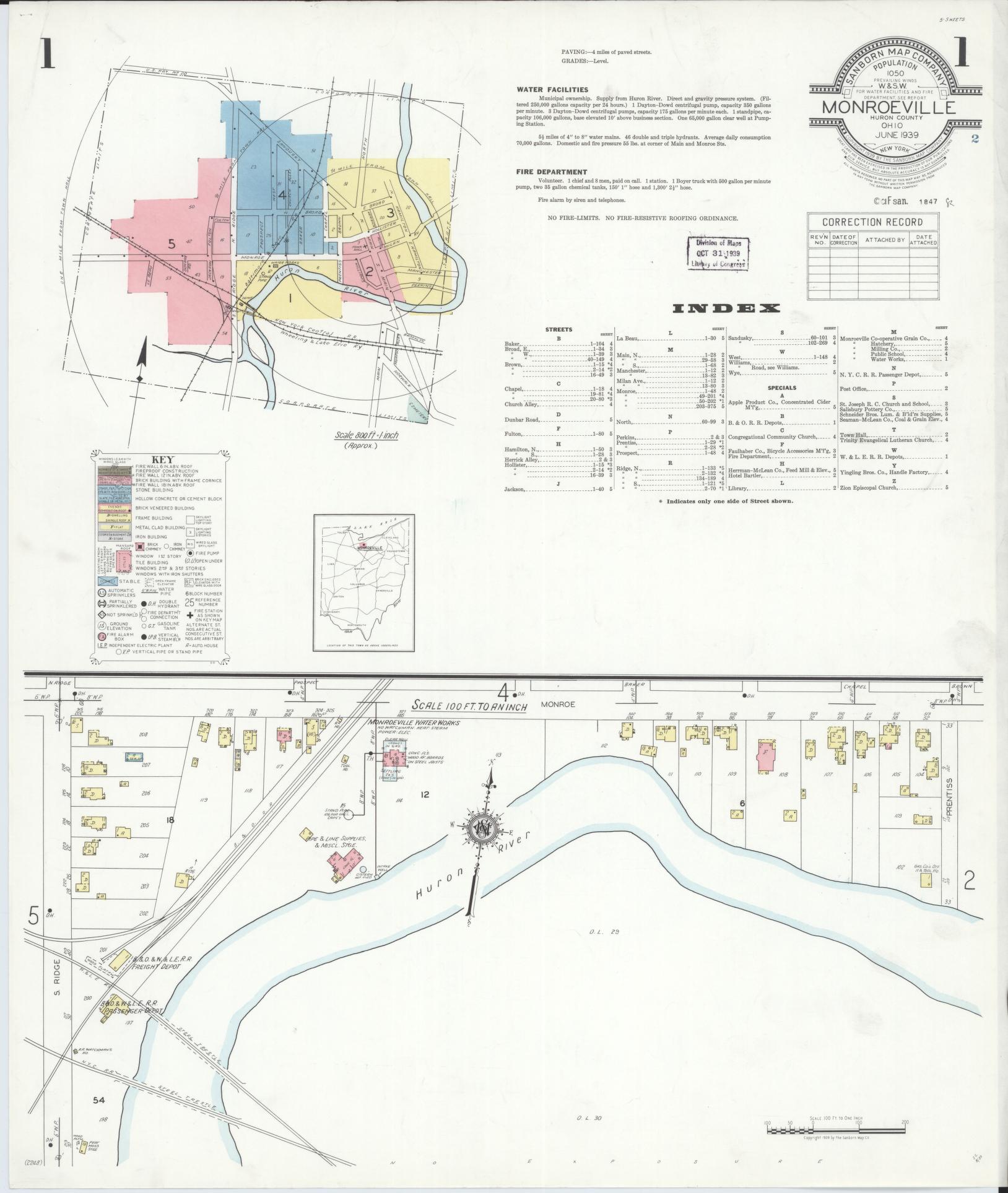 Sanborn Fire Insurance Map from Monroeville, Huron County, Ohio (1939), Sheet #0001 - Historic Sanborn Fire Insurance Map Print, vintage old map wall art, antique decor, genealogy gift, Ohio Ohio map