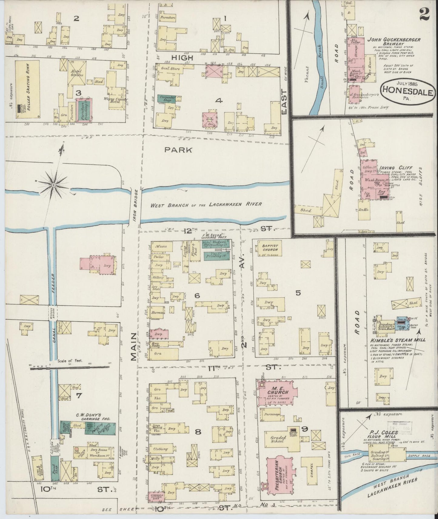 Sanborn Fire Insurance Map from Honesdale, Wayne County, Pennsylvania (1885), Sheet #0002 - Historic Sanborn Fire Insurance Map Print, vintage old map wall art, antique decor, genealogy gift, Pennsylvania Pennsylvania map