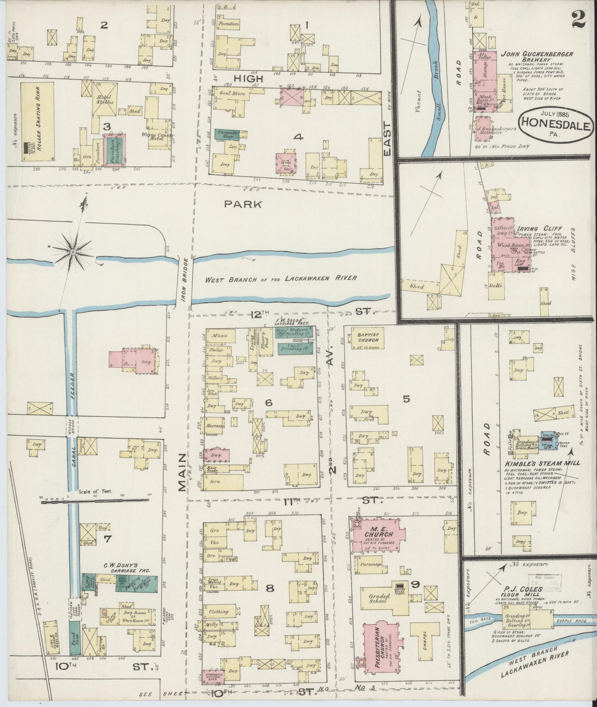 Sanborn Fire Insurance Map from Honesdale, Wayne County, Pennsylvania (1885), Sheet #0002 - Historic Sanborn Fire Insurance Map Print, vintage old map wall art, antique decor, genealogy gift, Pennsylvania Pennsylvania map