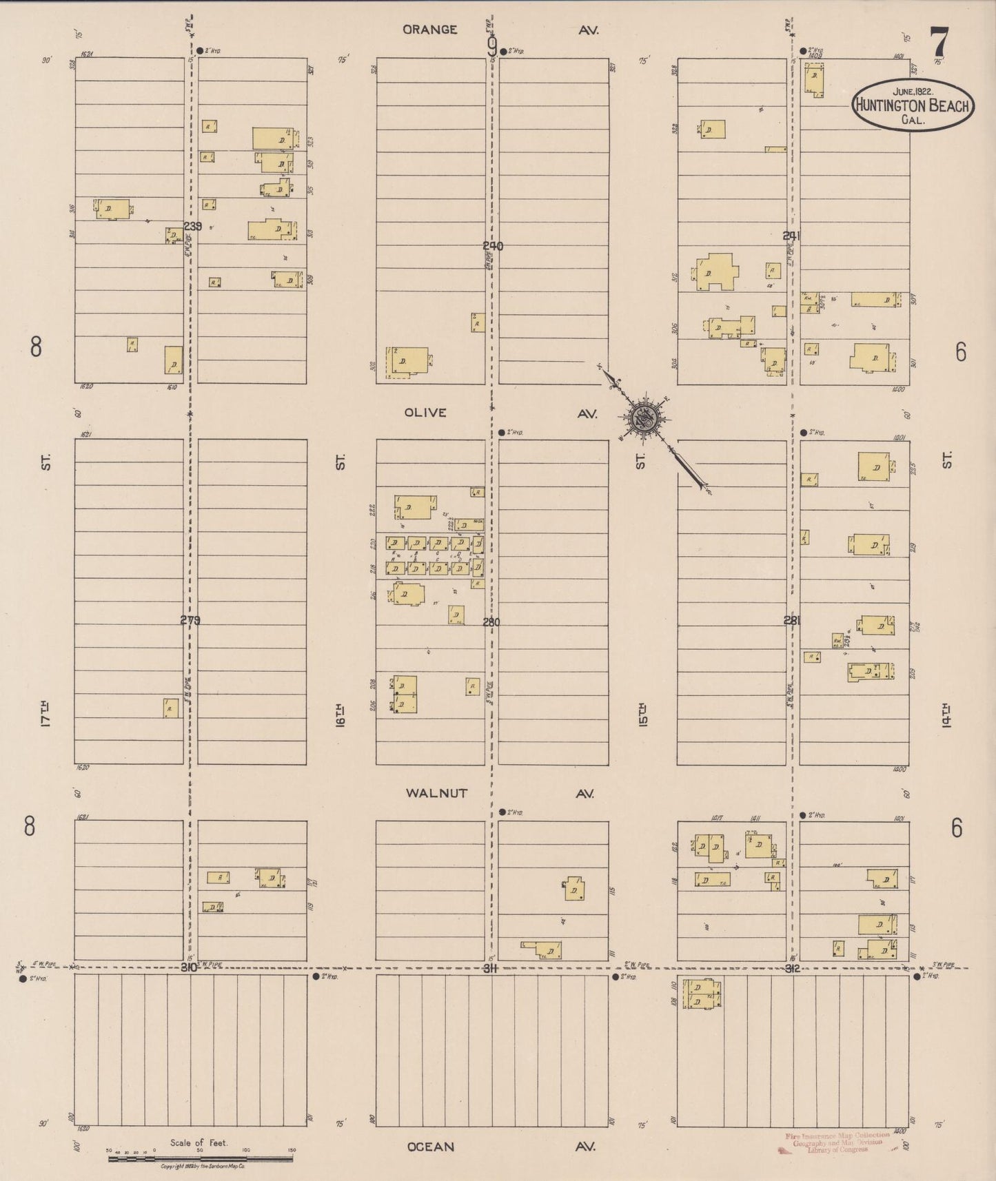 Sanborn Fire Insurance Map from Huntington Beach, Orange County, California (1922), Sheet #0007 - Historic Sanborn Fire Insurance Map Print, vintage old map wall art, antique decor, genealogy gift, California California map