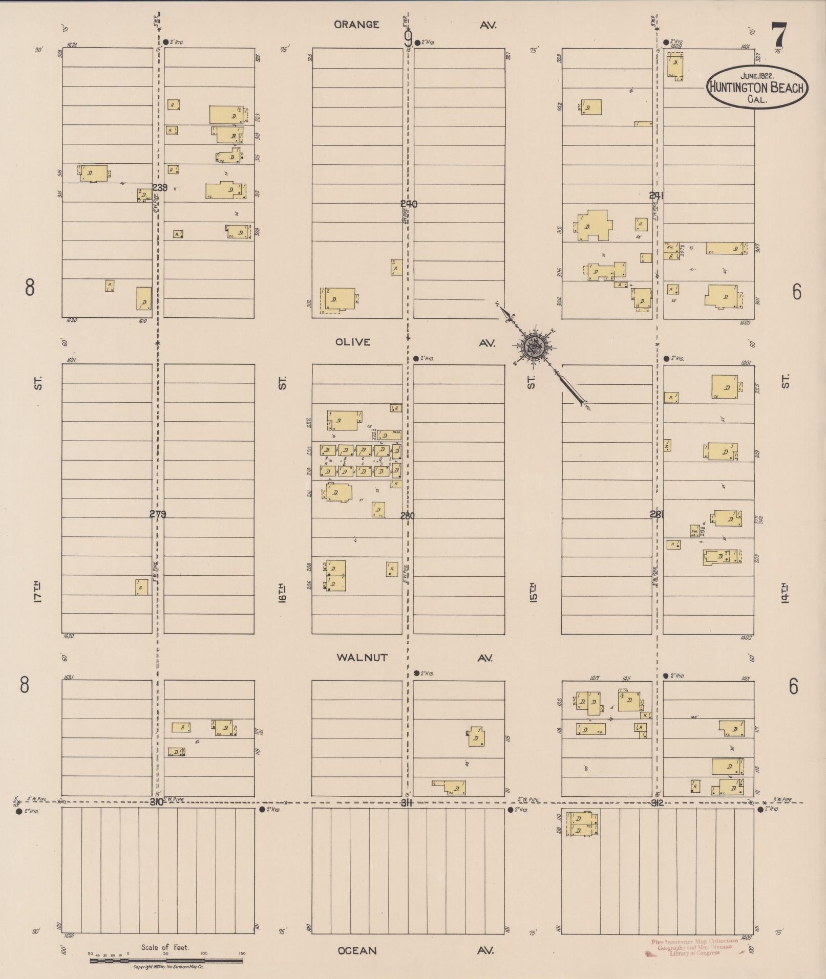 Sanborn Fire Insurance Map from Huntington Beach, Orange County, California (1922), Sheet #0007 - Historic Sanborn Fire Insurance Map Print, vintage old map wall art, antique decor, genealogy gift, California California map