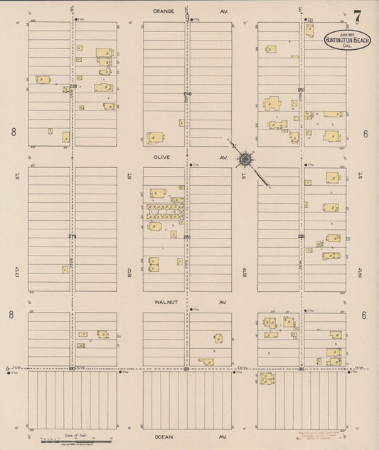 Sanborn Fire Insurance Map from Huntington Beach, Orange County, California (1922), Sheet #0007 - Historic Sanborn Fire Insurance Map Print, vintage old map wall art, antique decor, genealogy gift, California California map