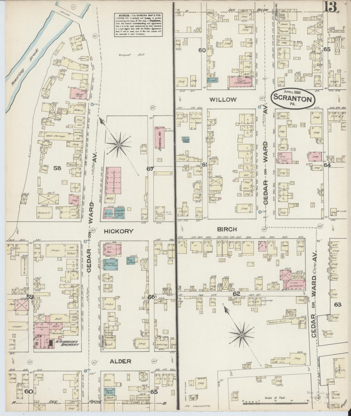 Sanborn Fire Insurance Map from Scranton, Lackawanna County, Pennsylvania (1884), Sheet #0013 - Historic Sanborn Fire Insurance Map Print, vintage old map wall art, antique decor, genealogy gift, Pennsylvania Pennsylvania map