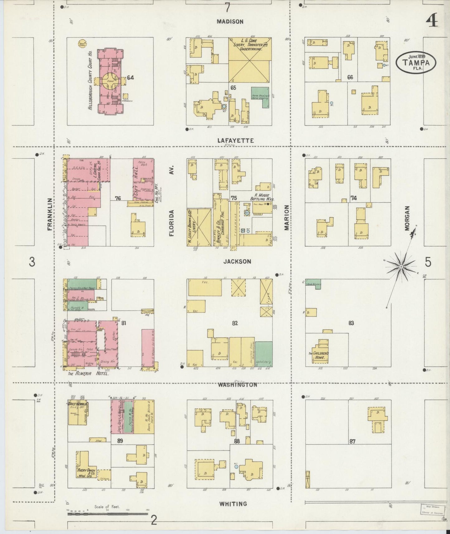 Sanborn Fire Insurance Map from Tampa, Hillsborough County, Florida (1899), Sheet #0004 - Historic Sanborn Fire Insurance Map Print, vintage old map wall art, antique decor, genealogy gift, Florida Florida map