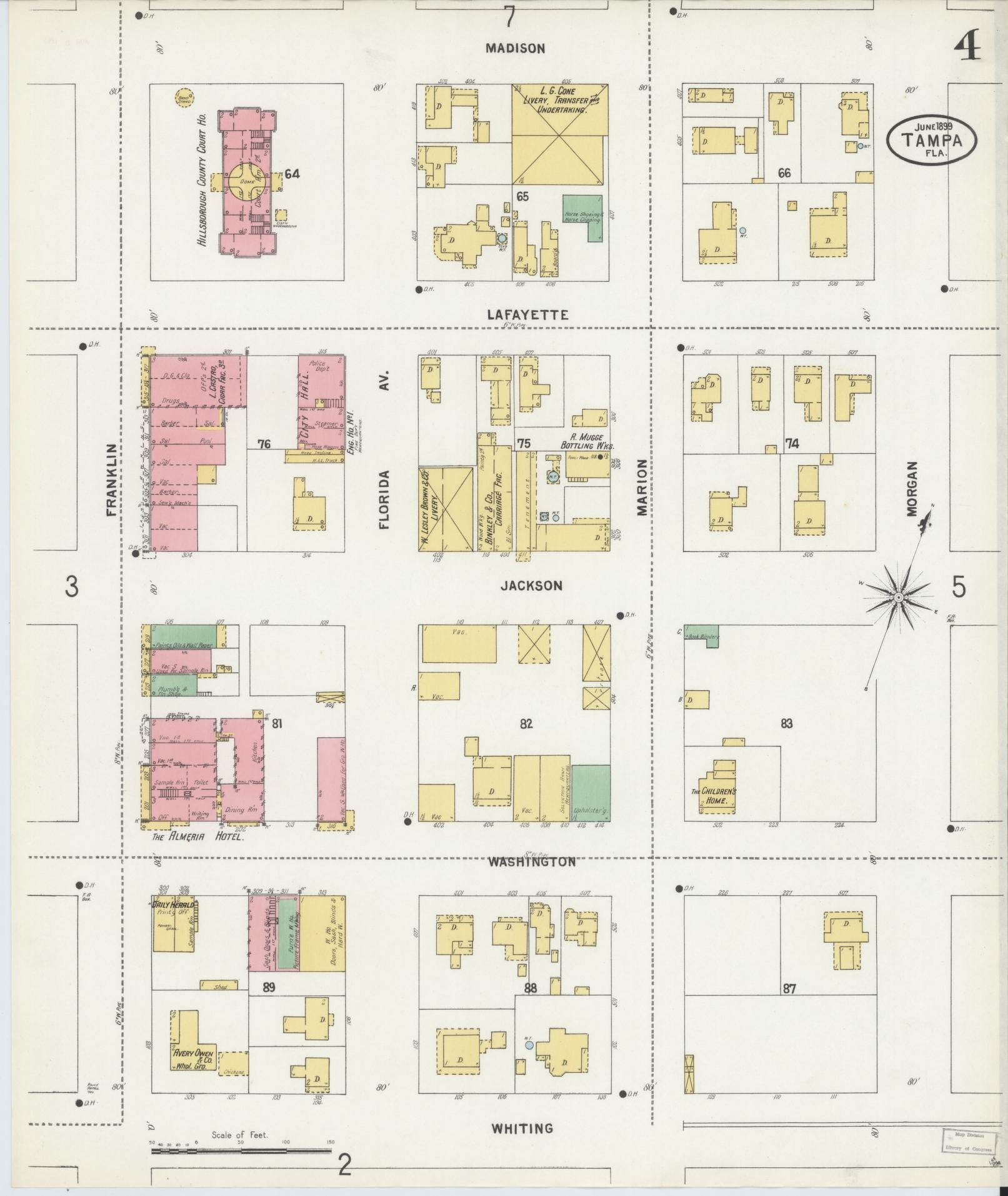 Sanborn Fire Insurance Map from Tampa, Hillsborough County, Florida (1899), Sheet #0004 - Historic Sanborn Fire Insurance Map Print, vintage old map wall art, antique decor, genealogy gift, Florida Florida map