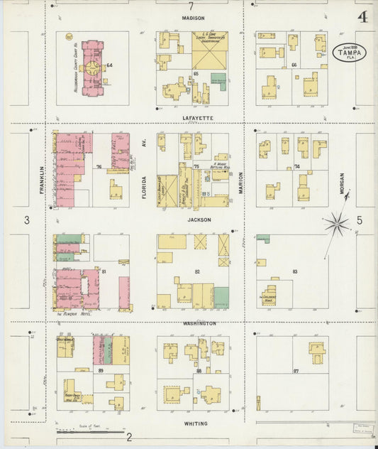 Sanborn Fire Insurance Map from Tampa, Hillsborough County, Florida (1899), Sheet #0004 - Historic Sanborn Fire Insurance Map Print, vintage old map wall art, antique decor, genealogy gift, Florida Florida map