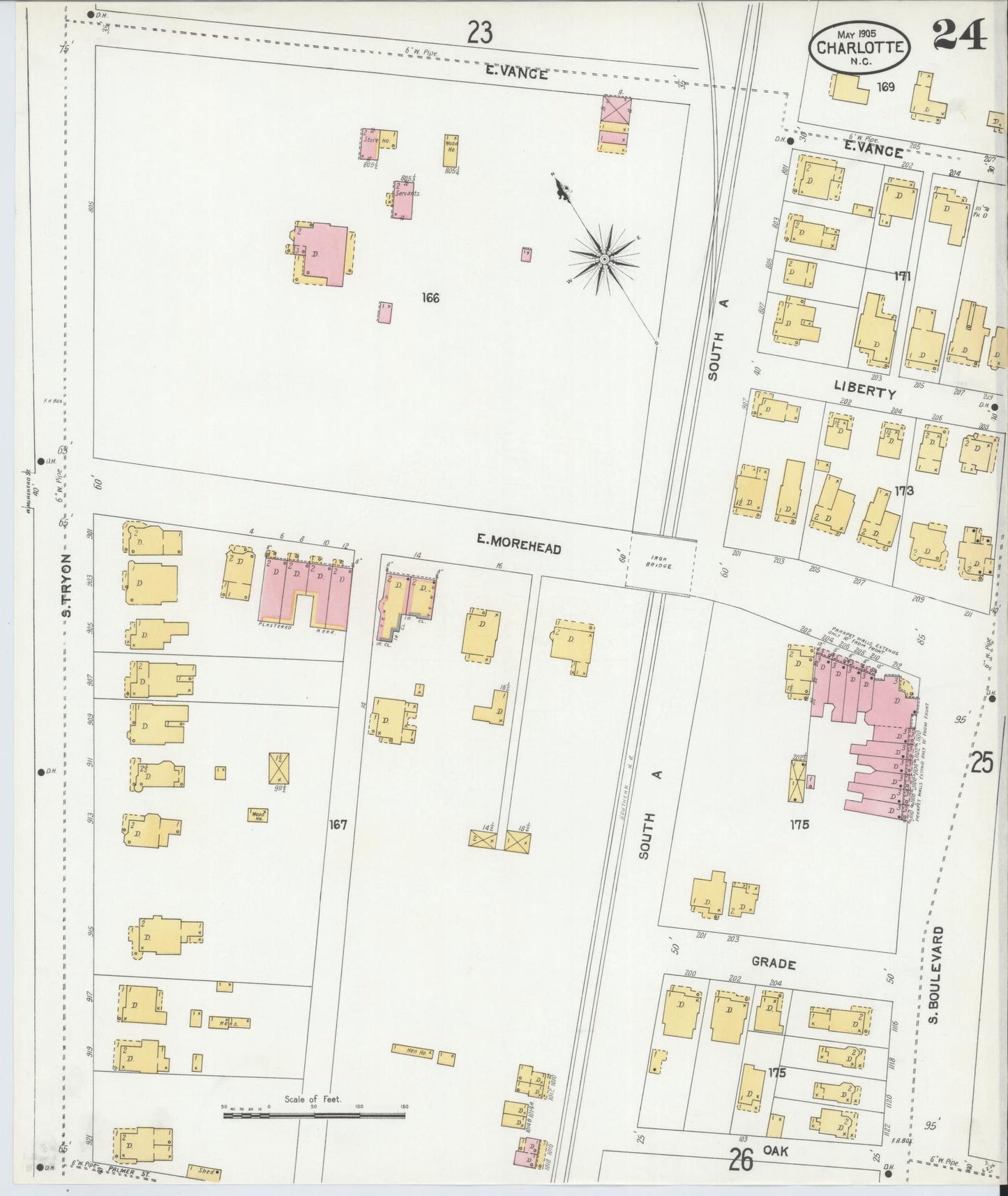 Sanborn Fire Insurance Map from Charlotte, Mecklenburg County, North Carolina (1905), Sheet #0024 - Historic Sanborn Fire Insurance Map Print, vintage old map wall art, antique decor, genealogy gift, North Carolina North Carolina map