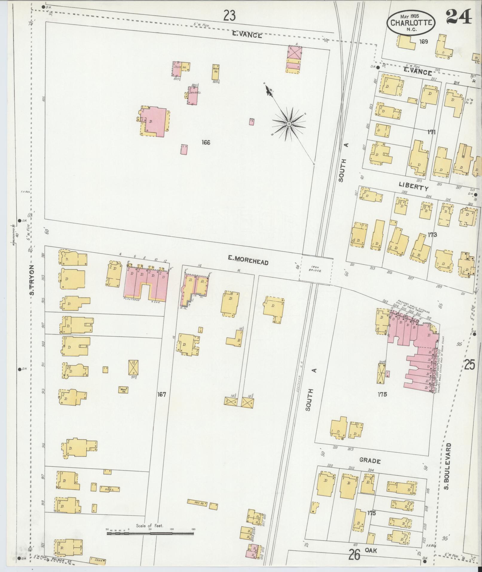Sanborn Fire Insurance Map from Charlotte, Mecklenburg County, North Carolina (1905), Sheet #0024 - Historic Sanborn Fire Insurance Map Print, vintage old map wall art, antique decor, genealogy gift, North Carolina North Carolina map
