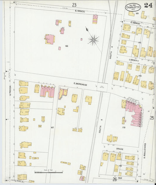 Sanborn Fire Insurance Map from Charlotte, Mecklenburg County, North Carolina (1905), Sheet #0024 - Historic Sanborn Fire Insurance Map Print, vintage old map wall art, antique decor, genealogy gift, North Carolina North Carolina map