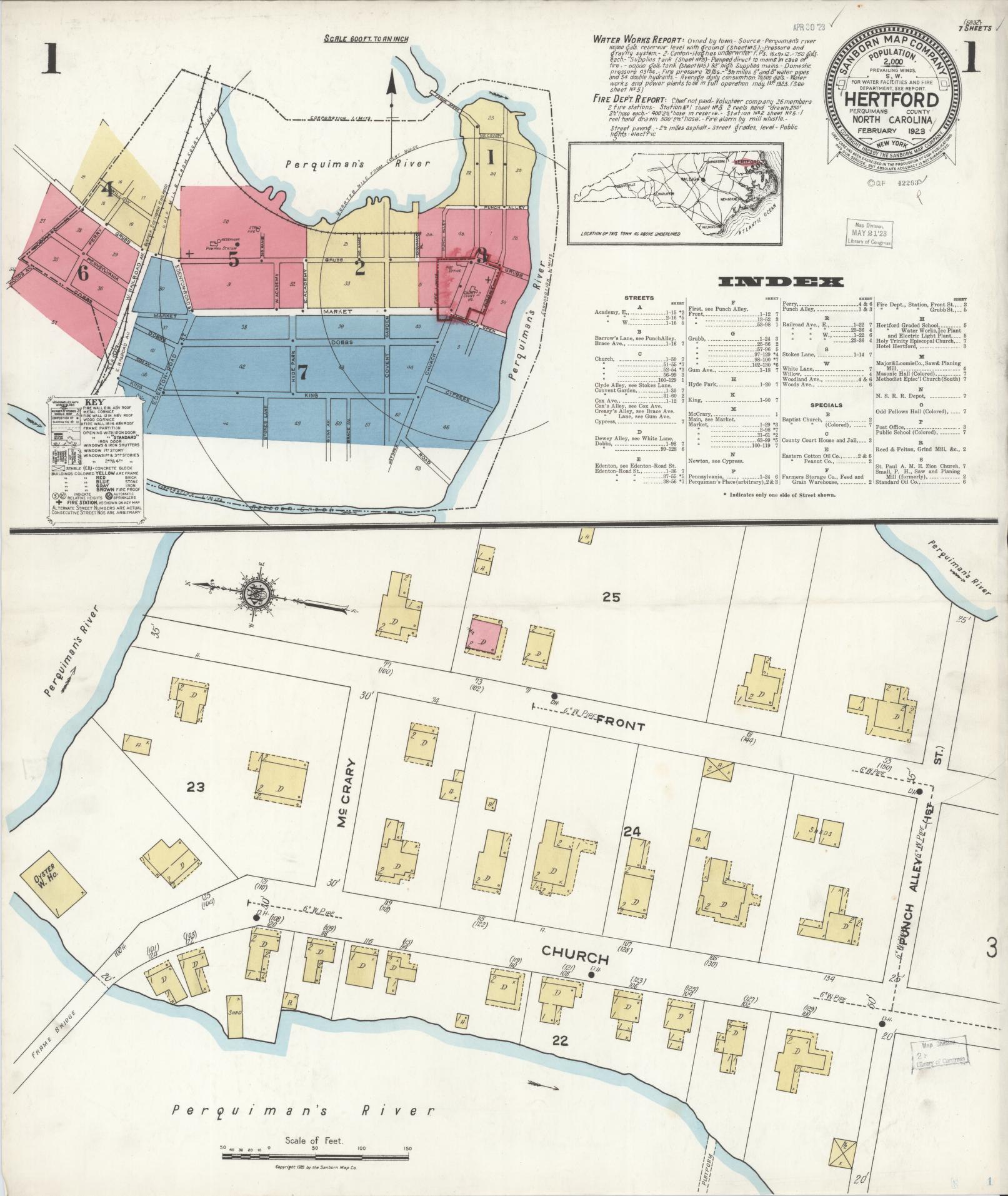 Sanborn Fire Insurance Map from Hertford, Perquimans County, North Carolina (1923), Sheet #0001 - Historic Sanborn Fire Insurance Map Print, vintage old map wall art, antique decor, genealogy gift, North Carolina North Carolina map
