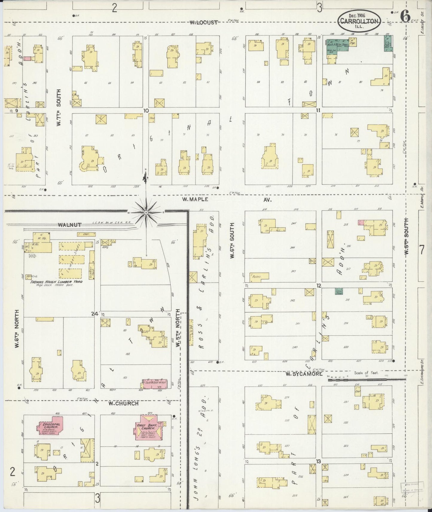 Sanborn Fire Insurance Map from Carrollton, Greene County, Illinois (1906), Sheet #0006 - Complete Map Set gallery image, historic Sanborn map, vintage wall art, Illinois Illinois