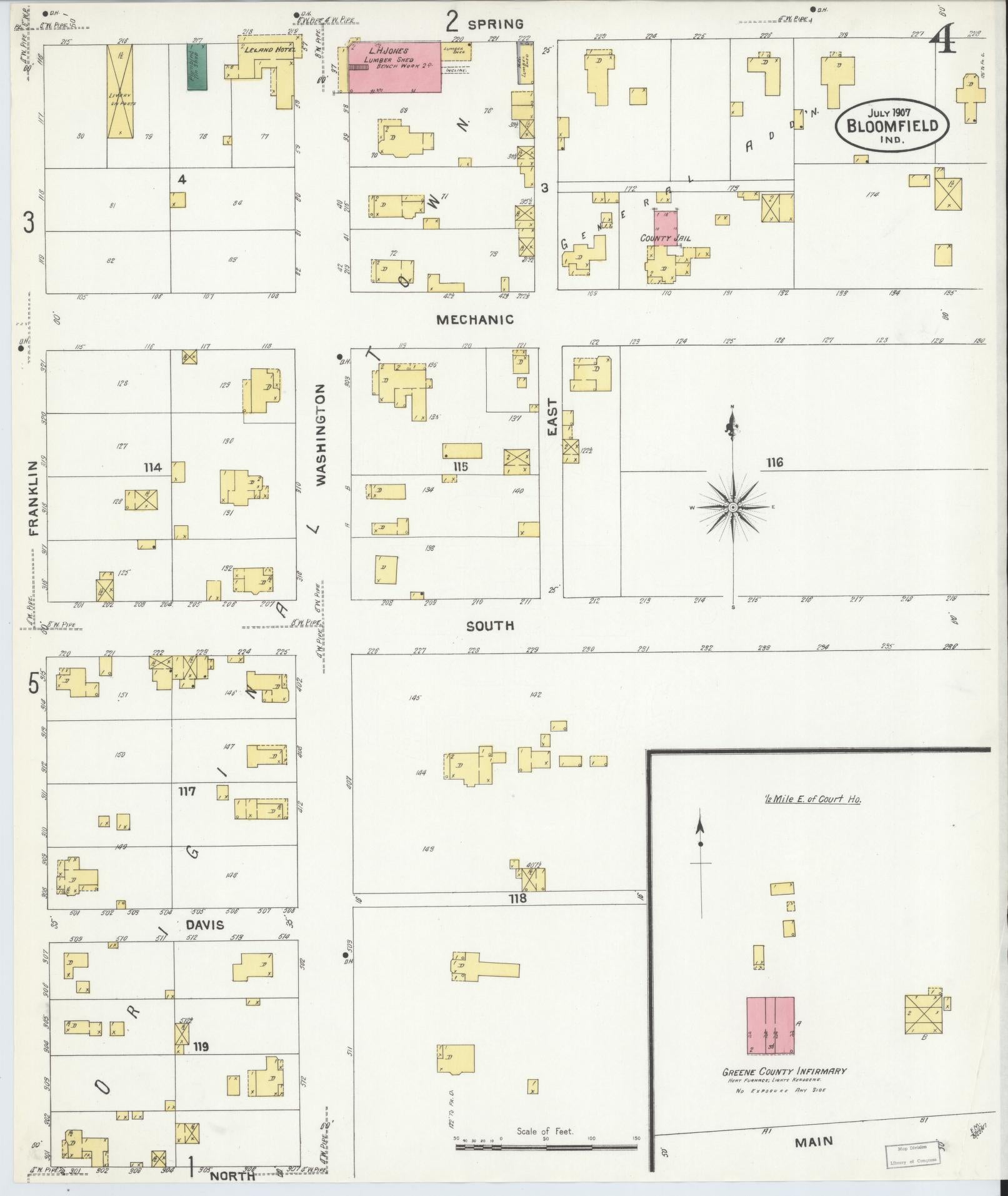 Sanborn Fire Insurance Map from Bloomfield, Greene County, Indiana (1907), Sheet #0004 - Historic Sanborn Fire Insurance Map Print, vintage old map wall art, antique decor, genealogy gift, Indiana Indiana map