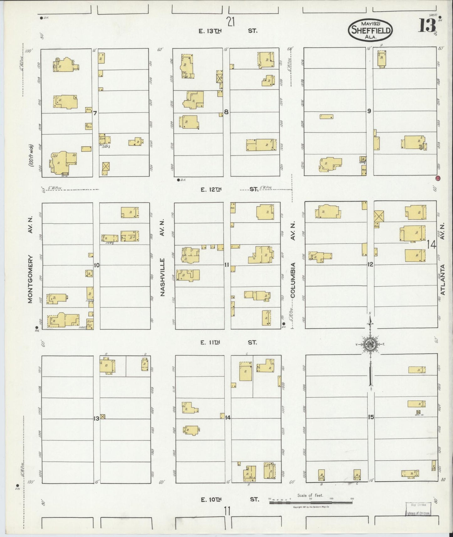 Sanborn Fire Insurance Map from Sheffield, Colbert County, Alabama (1921), Sheet #0013 - Historic Sanborn Fire Insurance Map Print, vintage old map wall art, antique decor, genealogy gift, Alabama Alabama map