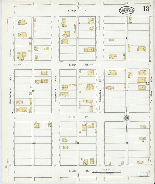 Sanborn Fire Insurance Map from Sheffield, Colbert County, Alabama (1921), Sheet #0013 - Historic Sanborn Fire Insurance Map Print, vintage old map wall art, antique decor, genealogy gift, Alabama Alabama map