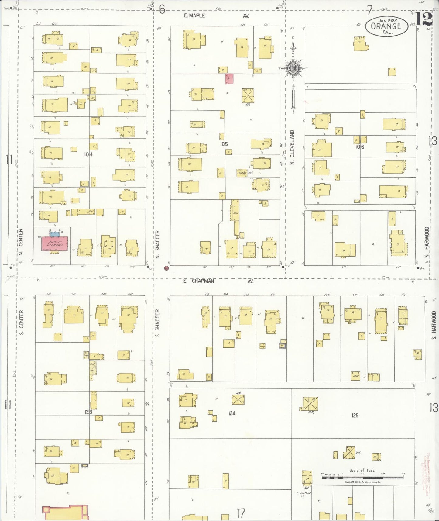 Sanborn Fire Insurance Map from Orange, Orange County, California (1922), Sheet #0012 - Complete Map Set gallery image, historic Sanborn map, vintage wall art, California California