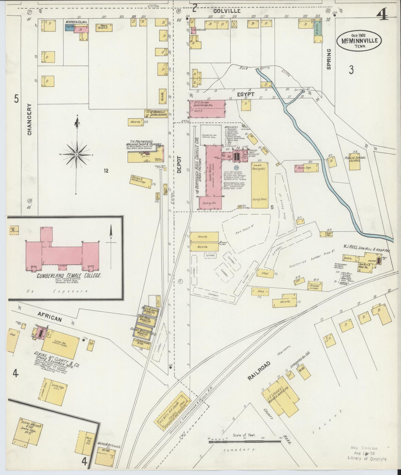Sanborn Fire Insurance Map from McMinnville, Warren County, Tennessee (1902), Sheet #0004 - Complete Map Set gallery image, historic Sanborn map, vintage wall art, Tennessee Tennessee
