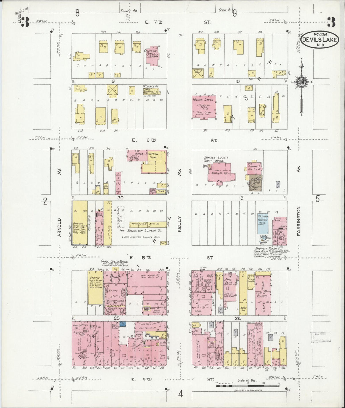 Sanborn Fire Insurance Map from Devils Lake, Ramsey County, North Dakota (1924), Sheet #0003 - Complete Map Set gallery image, historic Sanborn map, vintage wall art, North Dakota North Dakota