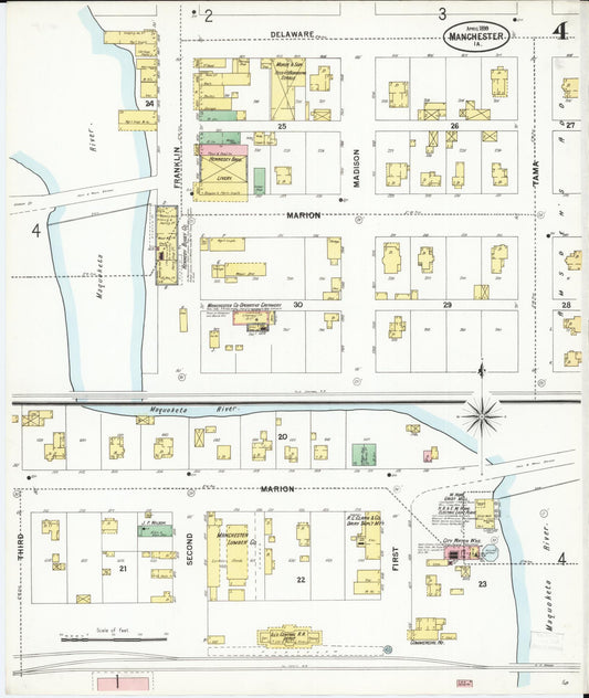 Sanborn Fire Insurance Map from Manchester, Delaware County, Iowa (1899), Sheet #0004 - Historic Sanborn Fire Insurance Map Print, vintage old map wall art