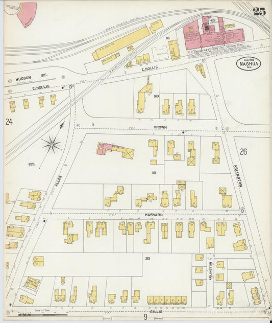 Sanborn Fire Insurance Map from Nashua, Hillsborough County, New Hampshire (1902), Sheet #0025 - Historic Sanborn Fire Insurance Map Print, vintage old map wall art, antique decor, genealogy gift, New Hampshire New Hampshire map