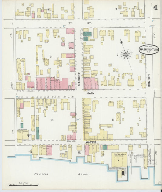 Sanborn Fire Insurance Map from Washington, Beaufort County, North Carolina (1891), Sheet #0004 - Historic Sanborn Fire Insurance Map Print, vintage old map wall art, antique decor, genealogy gift, Washington Washington map