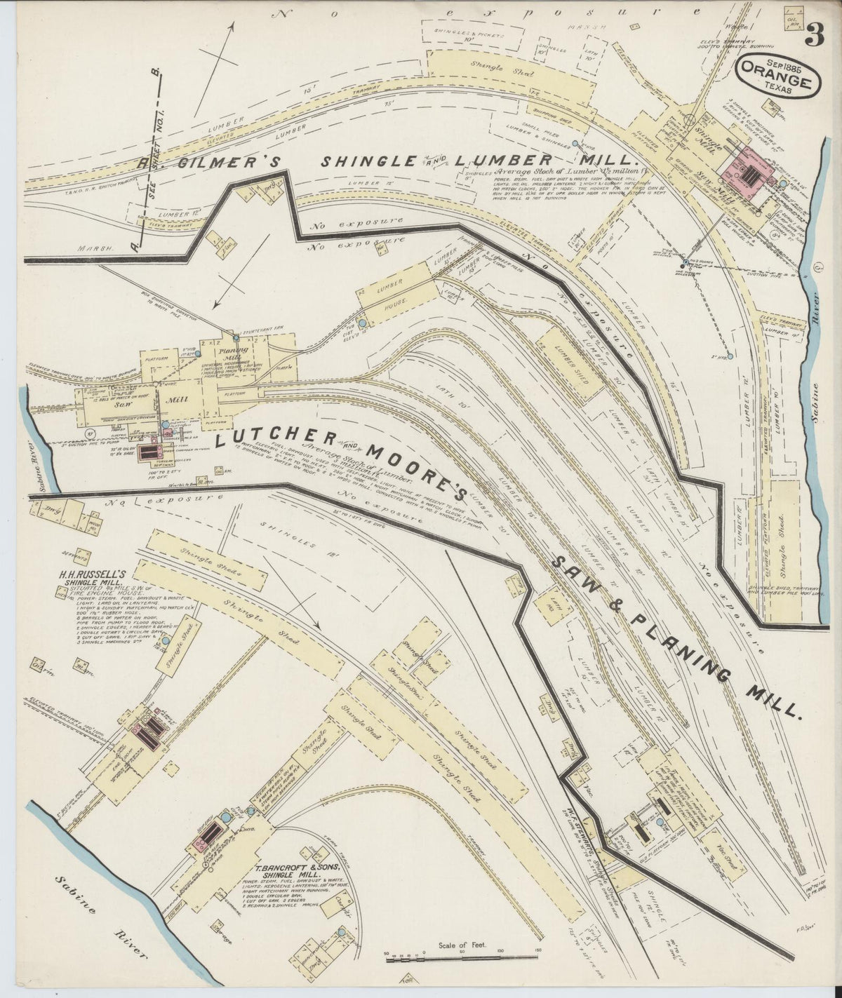Sanborn Fire Insurance Map from Orange, Orange County, Texas (1885), Sheet #0003 - Complete Map Set gallery image, historic Sanborn map, vintage wall art, Texas Texas