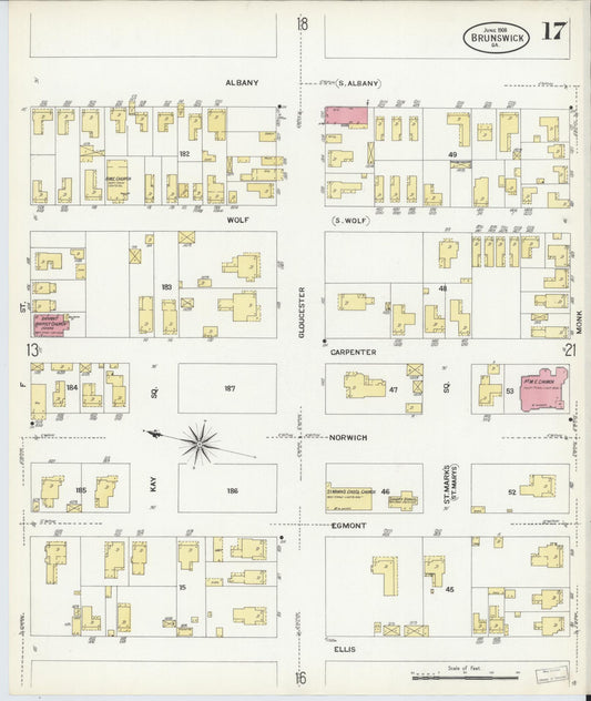 Sanborn Fire Insurance Map from Brunswick, Glynn County, Georgia (1908), Sheet #0017 - Historic Sanborn Fire Insurance Map Print, vintage old map wall art, antique decor, genealogy gift, Georgia Georgia map